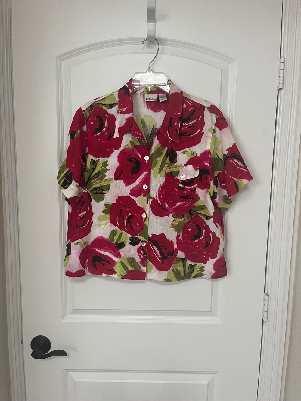 Chico's Short-Sleeve Floral Button-Up in Pink and Green